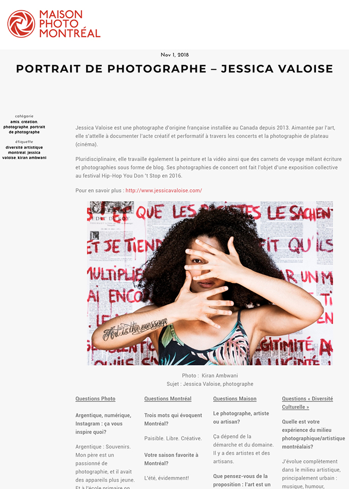 2018, Maison de la Photo de Montréal – « Portrait de Photographe - Jessica VALOISE